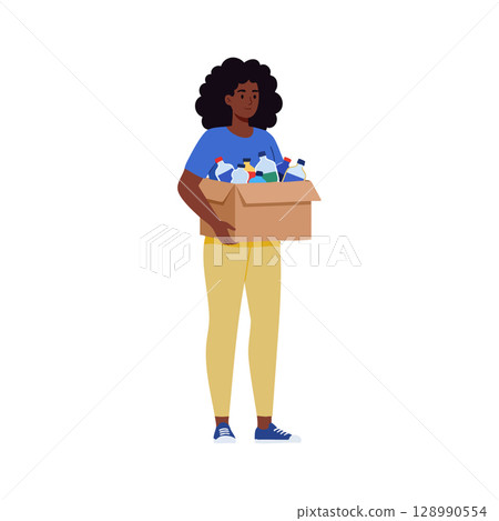 Woman carrying box full of plastic bottles for recycling and environmental care vector illustration Woman carrying box full of plastic bottles for recycling and environmental care vector illustration 128990554