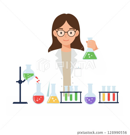 Female Scientist Mixing Colorful Chemicals in Laboratory with Glassware and Test Tubes Vector Illustration 128990556