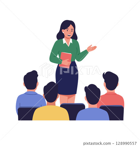 Female speaker presenting to audience in seminar or workshop vector illustration 128990557