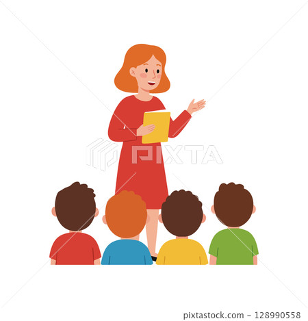 Female Teacher Teaching Children in Classroom Holding Book Vector Illustration 128990558