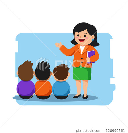 Female teacher instructing three children sitting in classroom vector illustration Female teacher instructing three children sitting in classroom vector illustration 128990561