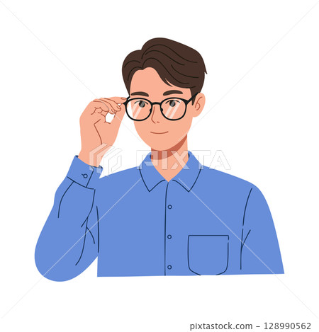 Young man adjusting glasses wearing blue shirt vector illustration portrait 128990562