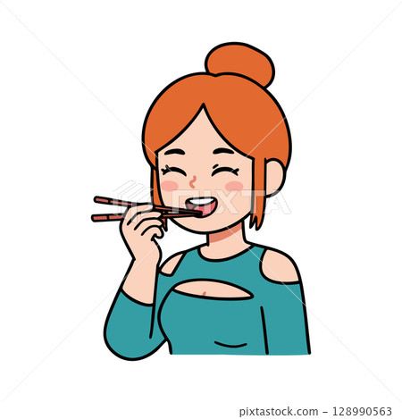Woman Eating Asian Food with Chopsticks in Casual Outfit Vector Illustration Woman Eating Asian Food with Chopsticks in Casual Outfit Vector Illustration 128990563