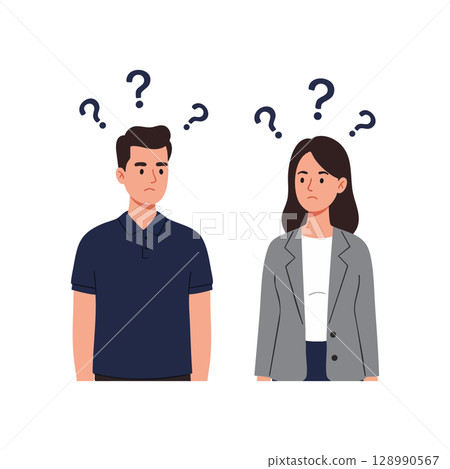 Confused man and woman with question marks vector illustration in thoughtful expressions 128990567