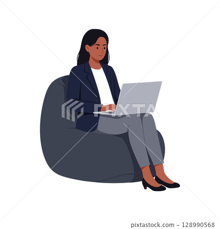 Woman working on laptop sitting on bean bag casual business lifestyle vector illustration Woman working on laptop sitting on bean bag casual business lifestyle vector illustration 128990568