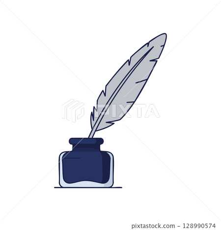 Feather quill pen with ink bottle vintage writing tool illustration vector artwork Feather quill pen with ink bottle vintage writing tool illustration vector artwork 128990574