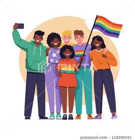 Diverse group of people holding rainbow pride flag taking selfie vector illustration 128990581