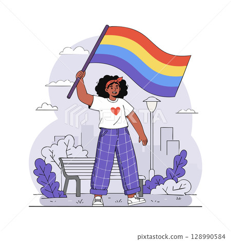 Woman Holding Rainbow Flag in Urban Park Celebrating Pride and Diversity Vector Illustration Woman Holding Rainbow Flag in Urban Park Celebrating Pride and Diversity Vector Illustration 128990584