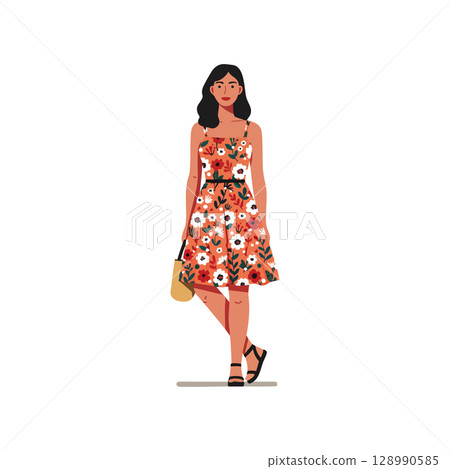 Woman wearing floral red dress with black sandals and beige bag standing vector illustration Woman wearing floral red dress with black sandals and beige bag standing vector illustration 128990585