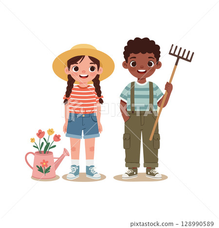 Children gardening with rake and watering can in casual summer clothes vector illustration Children gardening with rake and watering can in casual summer clothes vector illustration 128990589