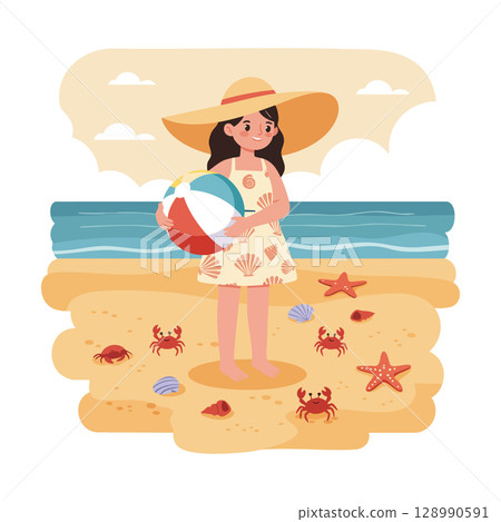 Girl holding beach ball on sandy sea shore with crabs and starfish vector illustration 128990591
