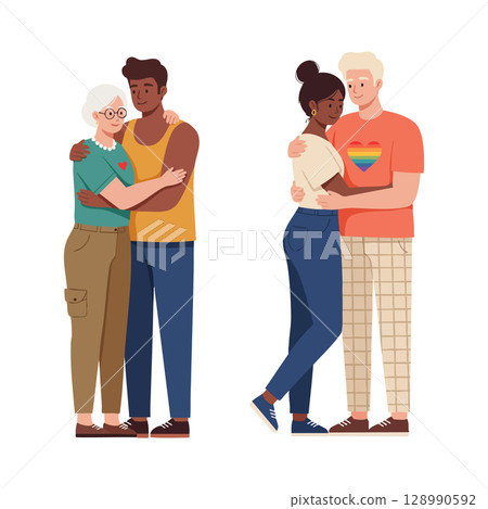Diverse Couples Embracing with Rainbow Heart Shirt Symbolizing LGBTQ Pride and Love Equality Diverse Couples Embracing with Rainbow Heart Shirt Symbolizing LGBTQ Pride and Love Equality 128990592