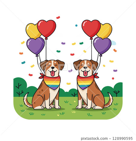 Two happy dogs with heart shaped balloons and rainbow scarves celebrating pride event outdoors Two happy dogs with heart shaped balloons and rainbow scarves celebrating pride event outdoors 128990595