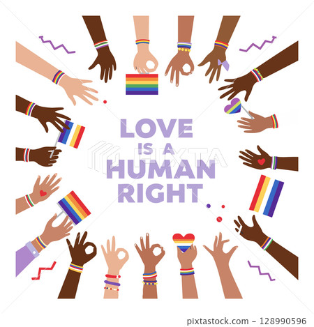 Diverse Hands Holding Pride Flags and Symbols Representing Human Rights and Equality Message Diverse Hands Holding Pride Flags and Symbols Representing Human Rights and Equality Message 128990596