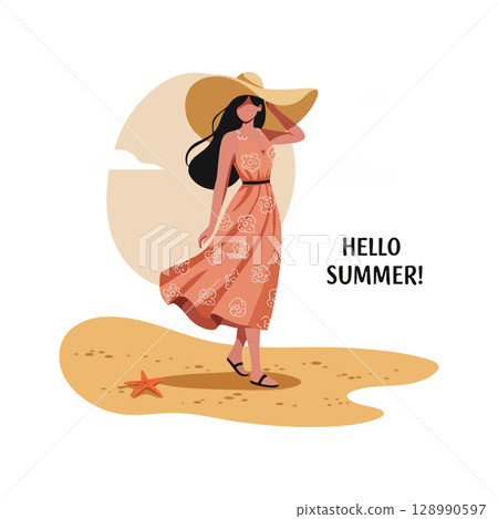 Woman in floral dress and wide hat walking on summer beach with starfish vector illustration Woman in floral dress and wide hat walking on summer beach with starfish vector illustration 128990597