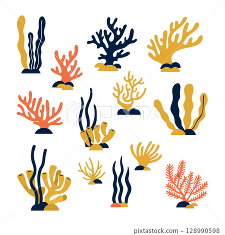 Colorful coral reef vector illustration with orange navy and yellow coral shapes underwater 128990598