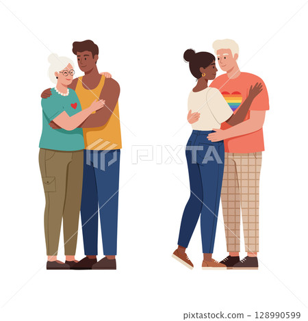 Diverse couples embracing with love and acceptance in casual clothes vector illustration 128990599