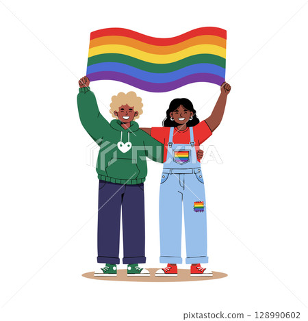 Two diverse people holding rainbow pride flag celebrating LGBTQ+ community together Two diverse people holding rainbow pride flag celebrating LGBTQ+ community together 128990602