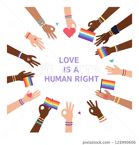 Diverse hands holding rainbow flags and hearts symbolizing love is a human right message 128990606