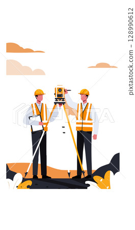 Construction workers using surveying equipment with orange safety vests and helmets in landscape orientation vector illustration 128990612