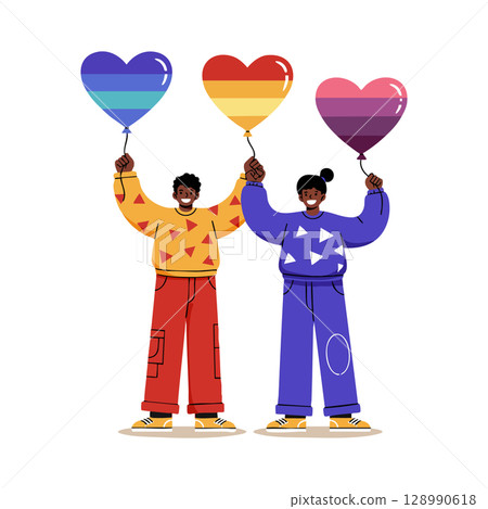 Two people holding heart shaped balloons with rainbow colors representing pride and love vector illustration Two people holding heart shaped balloons with rainbow colors representing pride and love vector illustration 128990618
