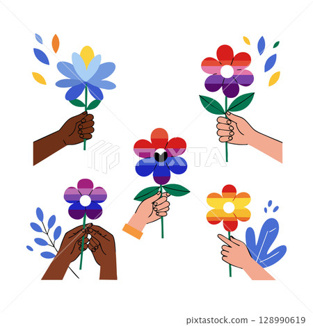 Hands holding colorful flowers with diverse skin tones vector illustration for spring and friendship themes Hands holding colorful flowers with diverse skin tones vector illustration for spring and friendship themes 128990619