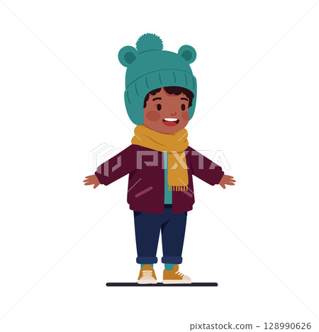 Child wearing teal winter hat and yellow scarf standing with arms open vector illustration Child wearing teal winter hat and yellow scarf standing with arms open vector illustration 128990626