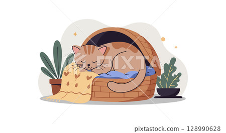Sleeping cat in cozy basket with blanket and plants indoor vector illustration 128990628