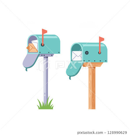 Blue Mailboxes with Red Flags and Envelopes on Wooden and Metal Posts Vector Illustration 128990629