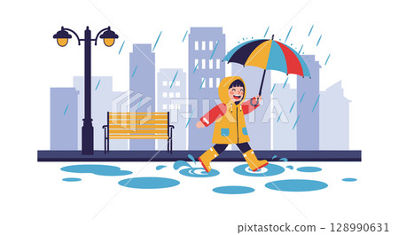 Child walking in rain with colorful umbrella on rainy city street vector illustration Child walking in rain with colorful umbrella on rainy city street vector illustration 128990631