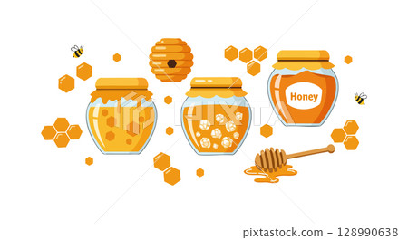 Honey jars with honeycomb bees and dipper vector illustration in orange and yellow colors 128990638