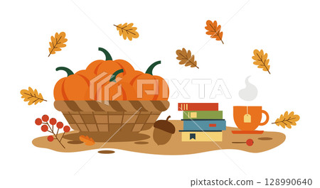 Basket of pumpkins with autumn leaves books and hot drink cozy fall scene vector illustration 128990640