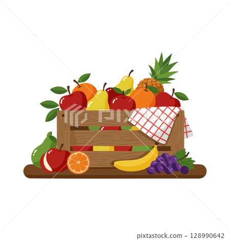 Wooden crate filled with assorted fresh fruits including pineapple apple orange and grapes vector illustration Wooden crate filled with assorted fresh fruits including pineapple apple orange and grapes vector illustration 128990642