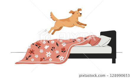 Happy dog jumping on bed with floral blanket in cozy bedroom vector illustration 128990653