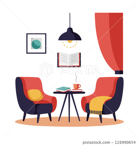 Cozy reading nook with red armchairs and warm lighting vector illustration 128990654