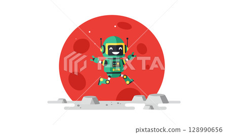 Cute green robot jumping on moon surface with red planet background vector illustration 128990656