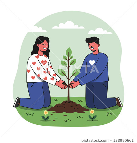 Couple planting young tree together in green garden environmental care illustration Couple planting young tree together in green garden environmental care illustration 128990661