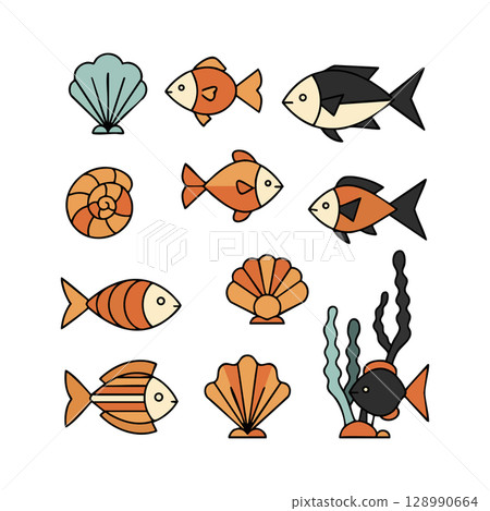 Marine life vector with colorful fish and seashells illustration design 128990664