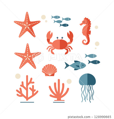 Sea Animals and Coral Vector Illustration with Crab Starfish and Seahorse in Blue and Orange Colors 128990665