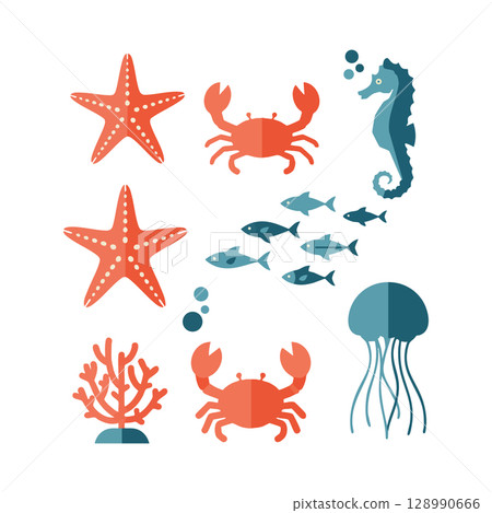 Marine Animals and Sea Creatures Vector Illustration with Starfish Crab Seahorse and Coral 128990666