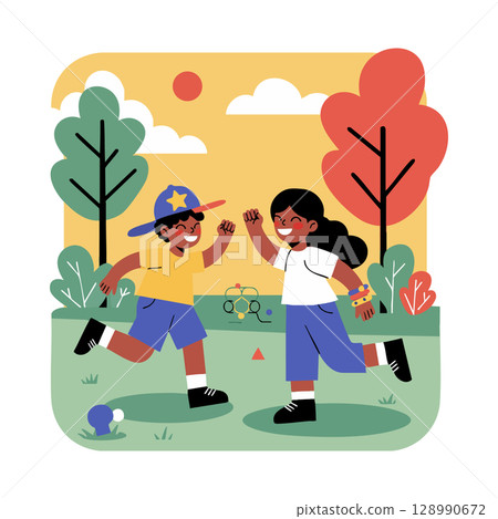 Children playing and running outdoors in colorful autumn park vector illustration 128990672