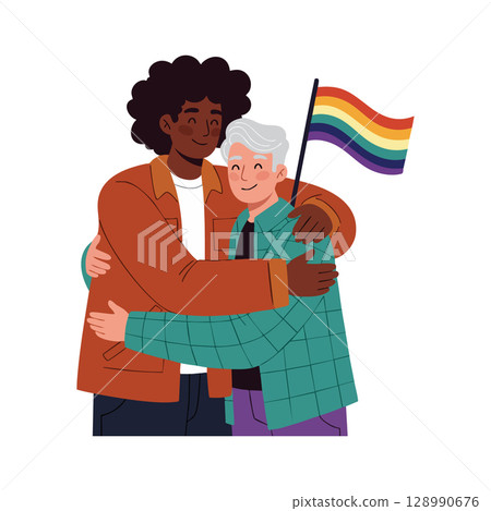 Diverse couple hugging with rainbow pride flag celebrating love and inclusion vector illustration 128990676