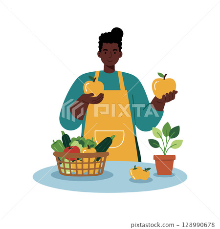Person holding apples with basket of fresh vegetables and potted plant vector illustration Person holding apples with basket of fresh vegetables and potted plant vector illustration 128990678