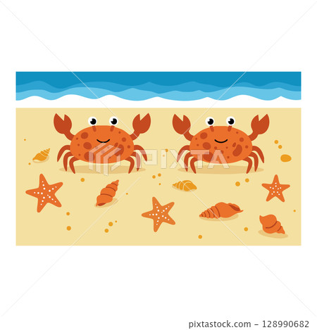 Cartoon crabs on sandy beach with starfish and seashells near blue sea vector illustration Cartoon crabs on sandy beach with starfish and seashells near blue sea vector illustration 128990682