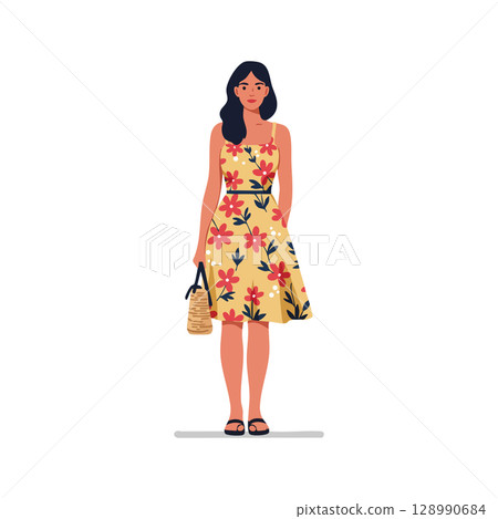 Young woman in floral yellow dress holding purse vector illustration summer style Young woman in floral yellow dress holding purse vector illustration summer style 128990684