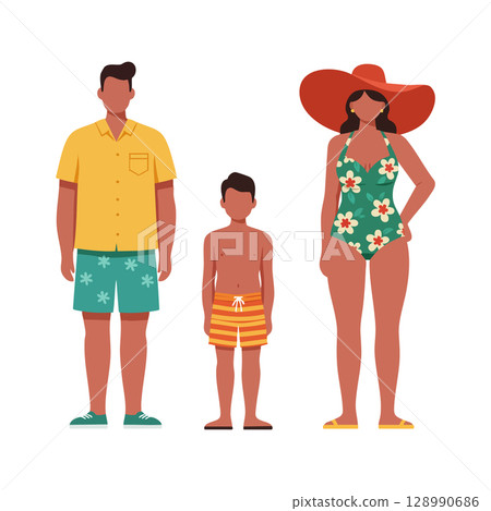 Family in summer swimwear standing together with colorful beach clothing vector illustration 128990686