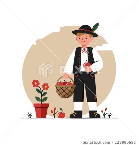 Boy in Traditional Costume Holding Basket of Apples with Flower Pot Vector Illustration Boy in Traditional Costume Holding Basket of Apples with Flower Pot Vector Illustration 128990688