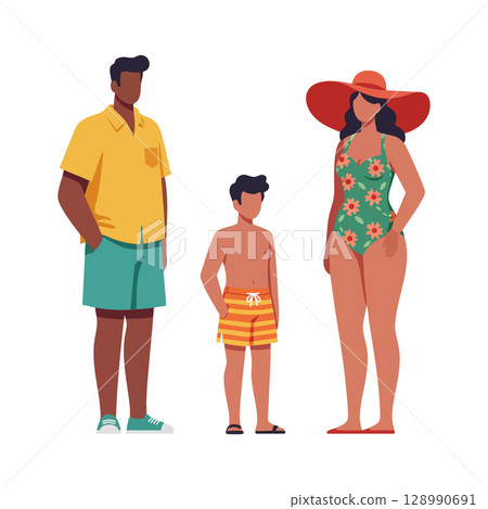 Family in summer outfits with woman in floral swimsuit and man in yellow shirt vector illustration 128990691
