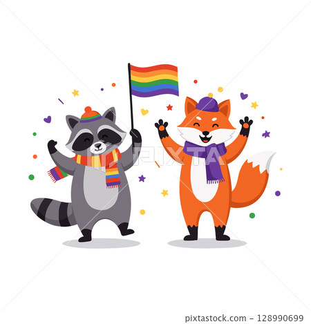 Raccoon and Fox Holding Rainbow Pride Flag Celebrating Diversity and Inclusion Vector Illustration 128990699