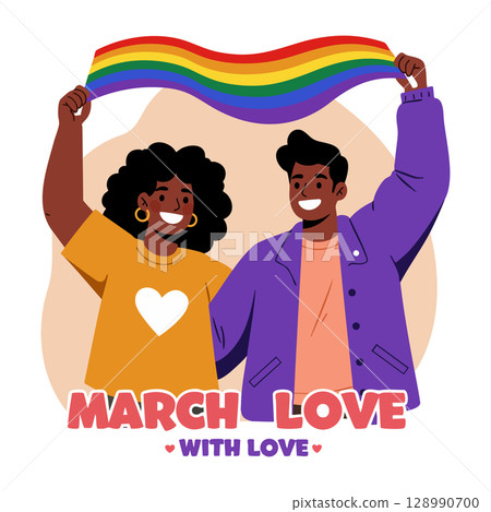 Diverse couple holding rainbow flag celebrating love and pride with March love message vector illustration 128990700